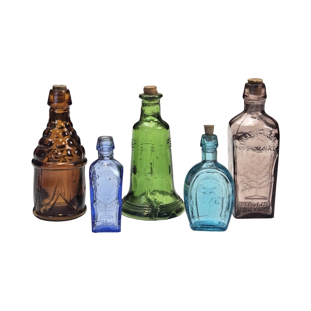 Vintage Mini Glass Bottle Collection Set of 5 Apothecary Decorative Multi Color